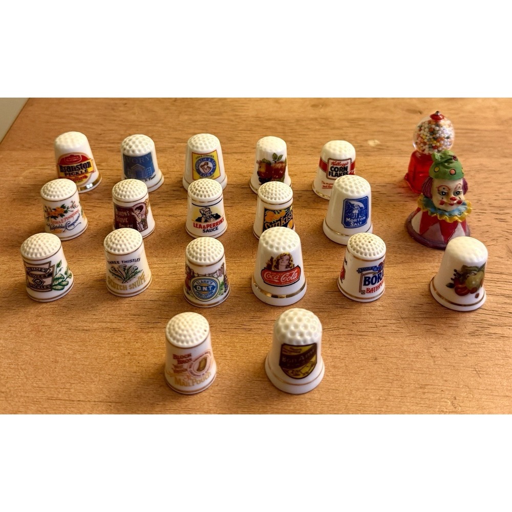 Mixed lot of 20 Unique VINTAGE SOUVENIR THIMBLES‎ Clown, Salt, Coca Cola